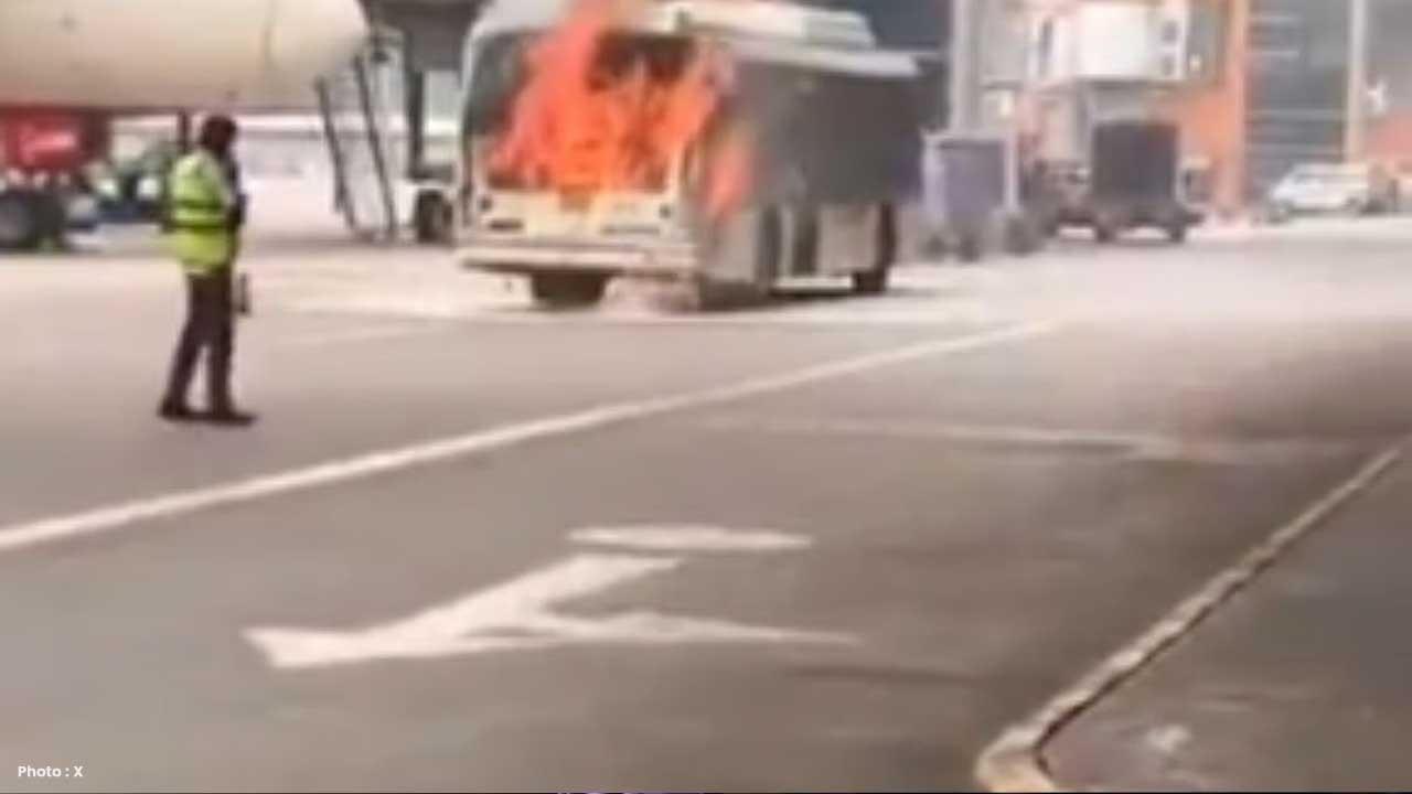 Bus Catches Fire Near Air India Plane At Delhi Airport T3 Bus Catches Fire Near Air India Plane At Delhi Airport T3