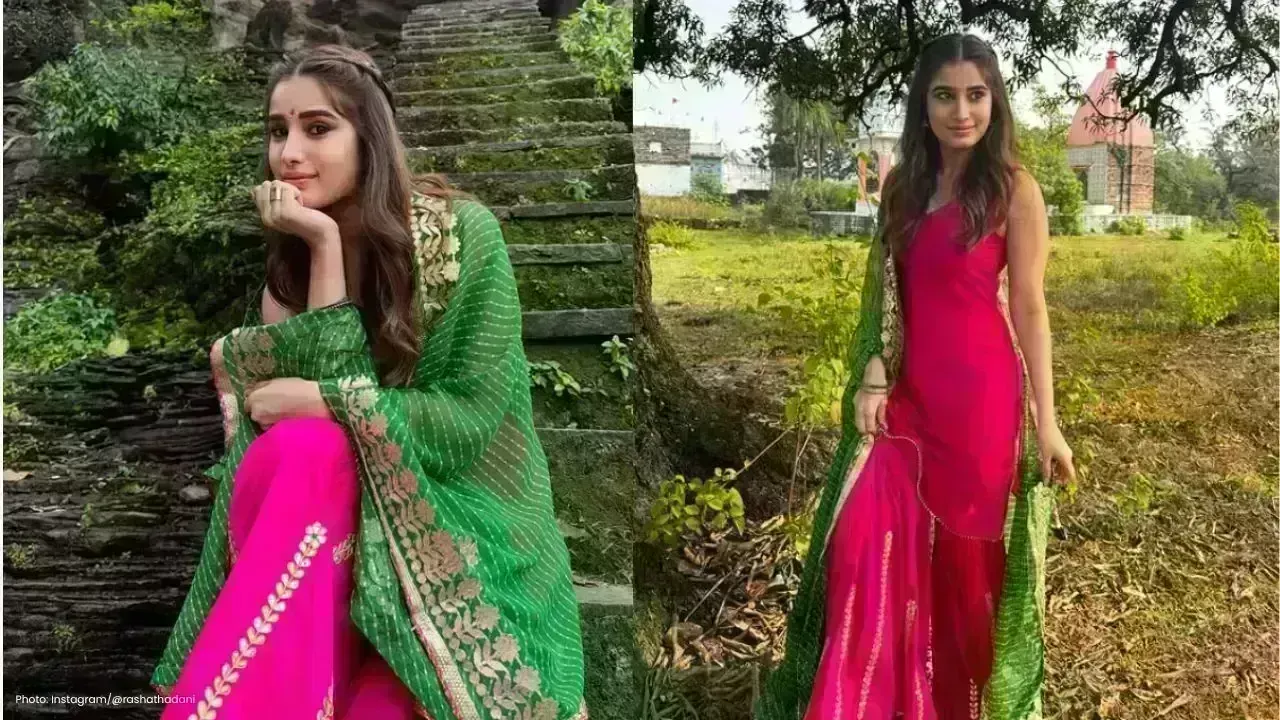 Rasha Thadani Shines in Pink Sharara During Film Shoot in Chanderi