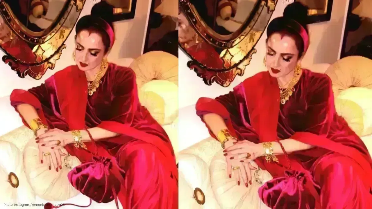 Rekha Stuns in Regal Burgundy Velvet Saree Look This Christmas