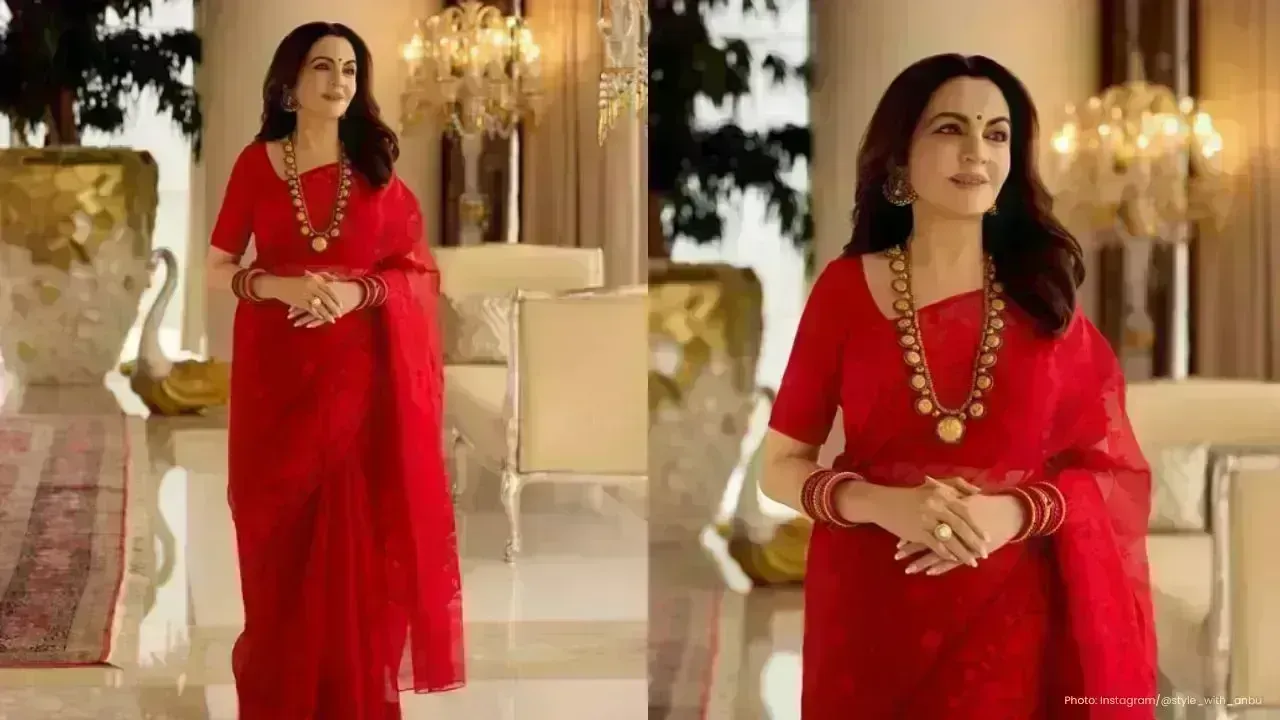 Nita Ambani Dazzles in Red Saree During Temple Pilgrimage