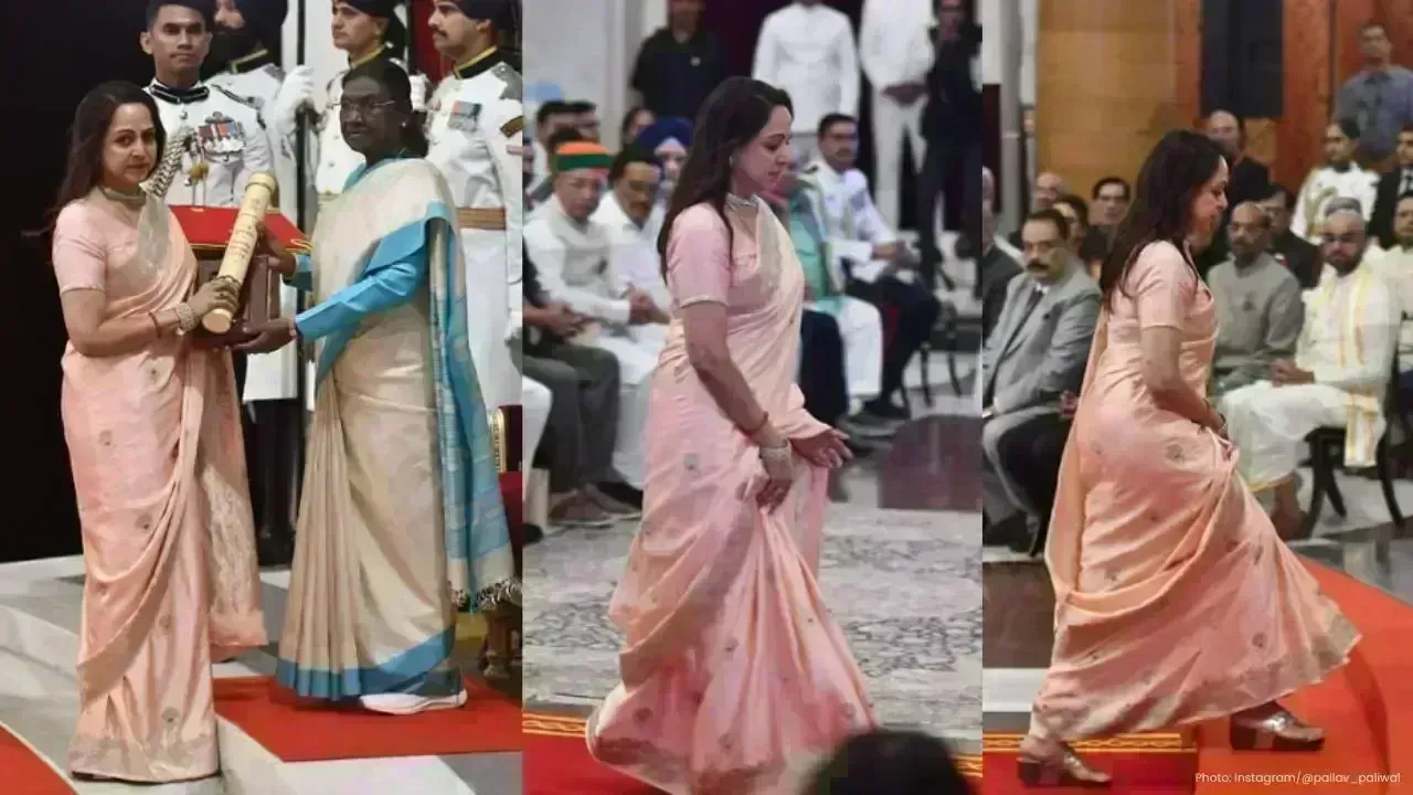 Hema Malini Dazzles in Pink Saree at Padma Awards 2026